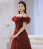 Unique tulle long prom dress off shoulder evening dress HZ1023