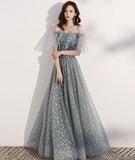 Shiny tulle long prom dress with sequins gray evening dress HZ1023