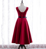 Burgundy v neck satin prom dress homecoming dress HZ1023