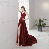Burgundy satin long prom dress HZ1023