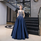 High quality v neck beads long prom dress blue evening dress HZ1023