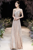 Champagne sequins long A line prom dress evening dress HZ1023