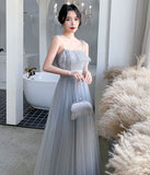 Gray tulle sequins long prom dress party dress HZ1023
