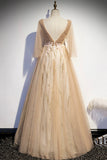 Champagne v neck lace long prom dress A line evening dress HZ1023