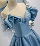 Shiny satin long A line prom dress blue evening dress HZ1023