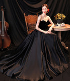 Black satin long A line prom dress black evening dress HZ1023