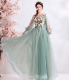 Green tulle lace long A line prom dress evening dress HZ1023