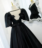 Black v neck satin long A line prom dress evening dress HZ1023