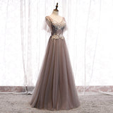 A line v neck lace long prom dress HZ1023