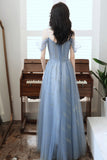Blue tulle beads long A line prom dress evening dress HZ1023
