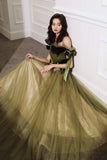 Green tulle long A line prom dress evening dress HZ1023