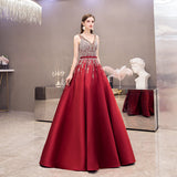 High quality v neck beads long prom dress red evening dress HZ1023