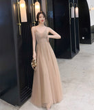 A line v neck tulle long prom dress evening dress HZ1023