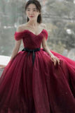 Burgundy tulle long A line prom dress evening dress HZ1023