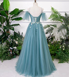 Blue v neck lace long prom gown blue evening dress HZ1023