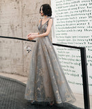 Gray Fashion Elegant V-neck Sequined Long Tulle Ball Gown Evening Dress Ball Gown HZ1023