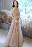 Champagne tulle sequins long A line prom dress evening dress HZ1023