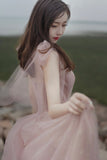 Pink A line prom dress pink tulle evening dress HZ1023