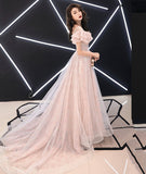 Pink lace tulle long prom dress pink evening dress HZ1023