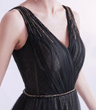 Black v neck tulle beads prom dress evening dress HZ1023