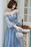 Blue tulle long A line prom dress blue evening dress HZ1023