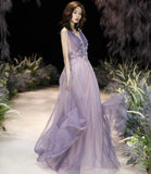 Purple tulle long A line prom dress purple evening dress HZ1023