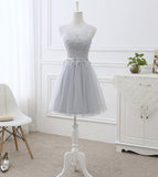 Gray tulle lace prom dress A line evening dress HZ1023