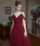 Burgundy tulle long prom dress simple evening gown HZ1023