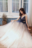 Stylish v neck tulle long A line prom dress blue evening dress HZ1023