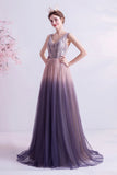 Purple gradient tulle long A line prom dress evening dress HZ1023