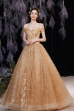 Gold tulle sequins long A line prom dress evening dress HZ1023