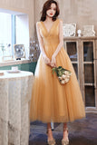 Yellow tulle tea length prom dress evening dress HZ1023