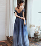 Blue tulle beads long prom dress evening dress HZ1023