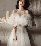 Unique tulle sequins long prom dress white evening dress HZ1023