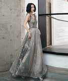 Gray Fashion Elegant V-neck Sequined Long Tulle Ball Gown Evening Dress Ball Gown HZ1023