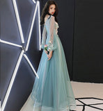 Green lace applique prom dress A line evening dress HZ1023
