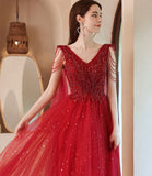 Red tulle beads long A line prom dress evening dress HZ1023
