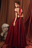 Burgundy tulle beads long A line prom dress evening dress HZ1023