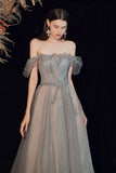 Shiny tulle long prom dress A line evening dress HZ1023