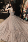 Stylish v neck tulle long A line prom dress evening dress HZ1023