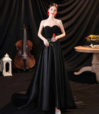 Black satin long A line prom dress black evening dress HZ1023