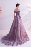 Purple tulle sequins long A line prom dress evening dress HZ1023