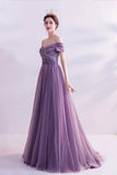 Purple tulle long prom dress A line evening dress HZ1023