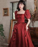 Burgundy satin long A line prom dress homecoming dress HZ1023
