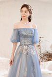 Blue lace long A line prom dress blue evening dress HZ1023