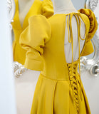 Yellow satin long A line prom dress evening dress HZ1023