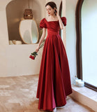 Burgundy satin long A line prom dress evening dress HZ1023