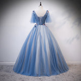Blue v neck tulle long prom gown formal dress HZ1023