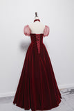 Cute velvet long prom dress burgundy A line evening dress HZ1023
