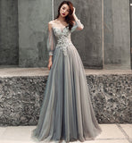 Gray tulle lace long A line prom dress evening dress HZ1023